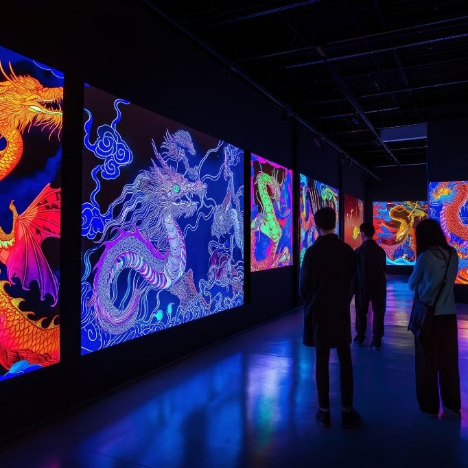 Corredor de painéis de LED com imagens coloridas