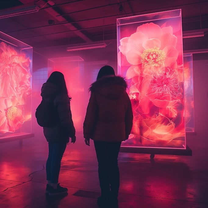 Pessoas em espaço claro, com painéis de luz rosa